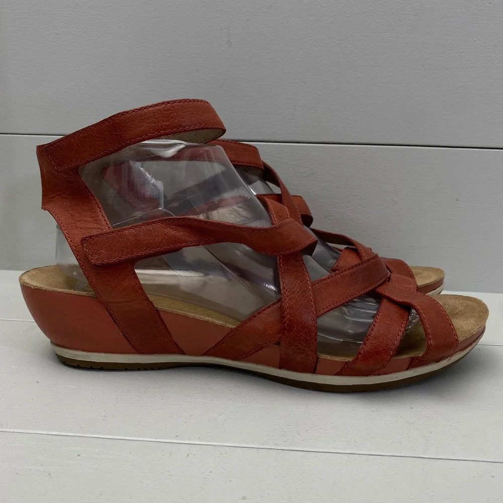 Dansko Strappy Wedge Sandals Womens Size 42 11.5 12 Orange Red Leather Shoes - Picture 2 of 14